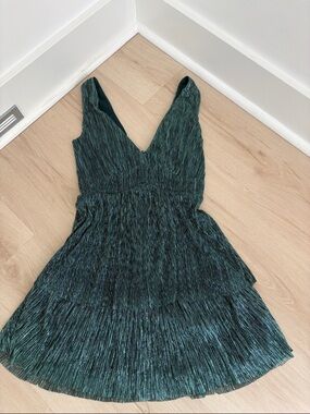 Plunging V-Neck Pleated Mini Dress in Shimmering hunter green